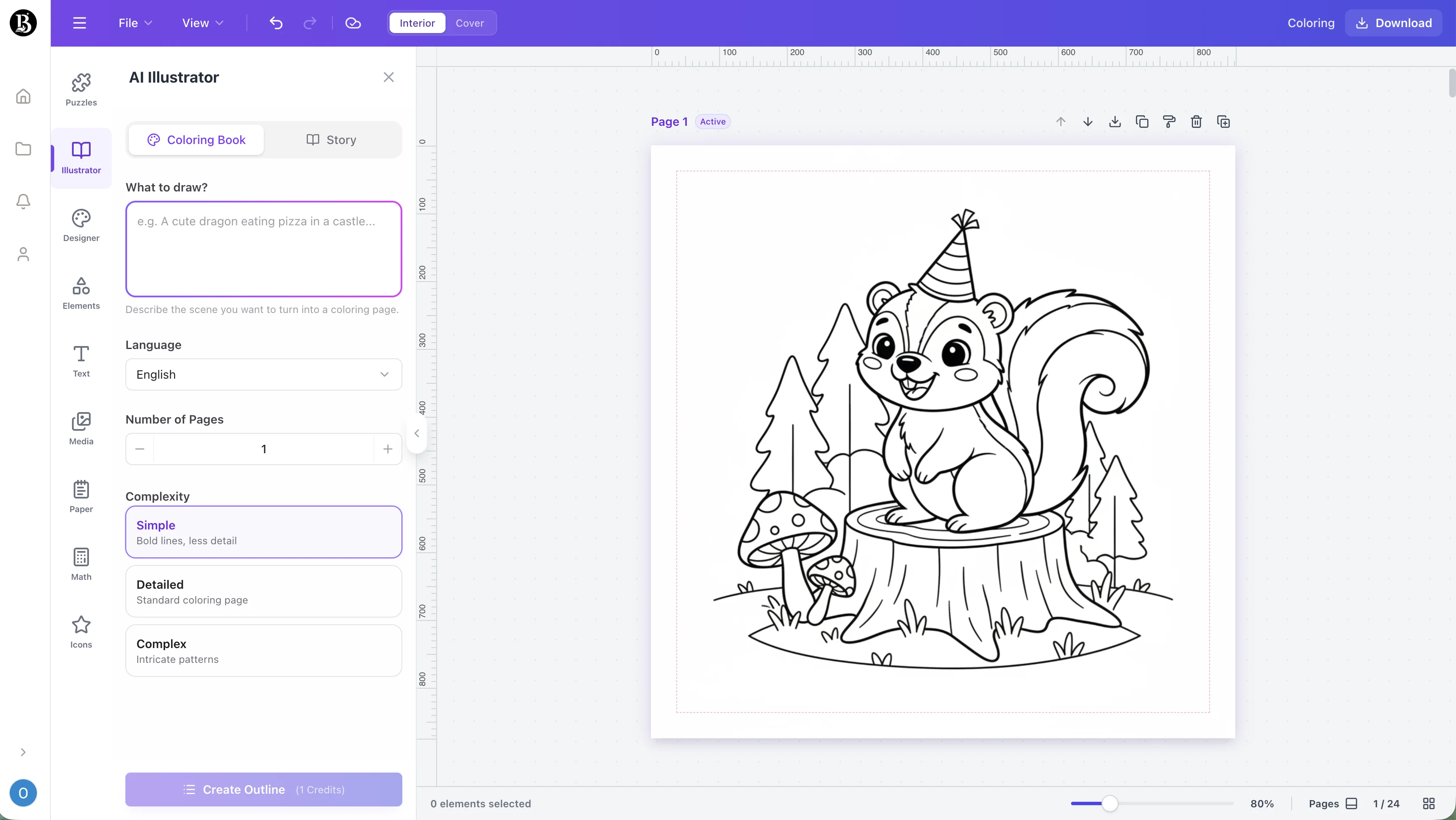 Screenshot of the Coloring Book maker workspace